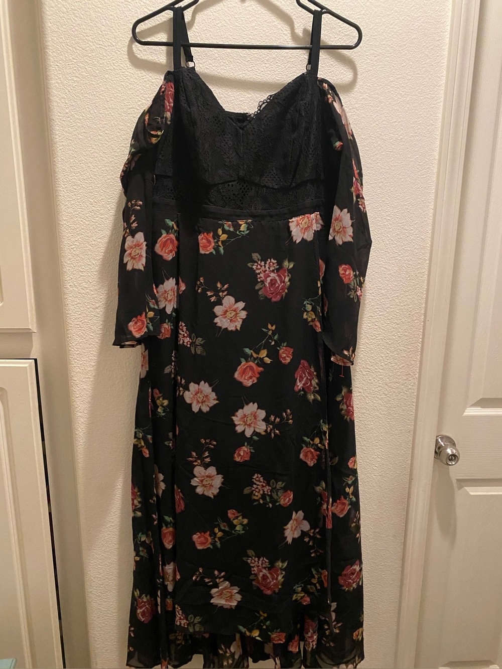 Black Floral Cold-Shoulder Midi Dress with Lace Bodice
